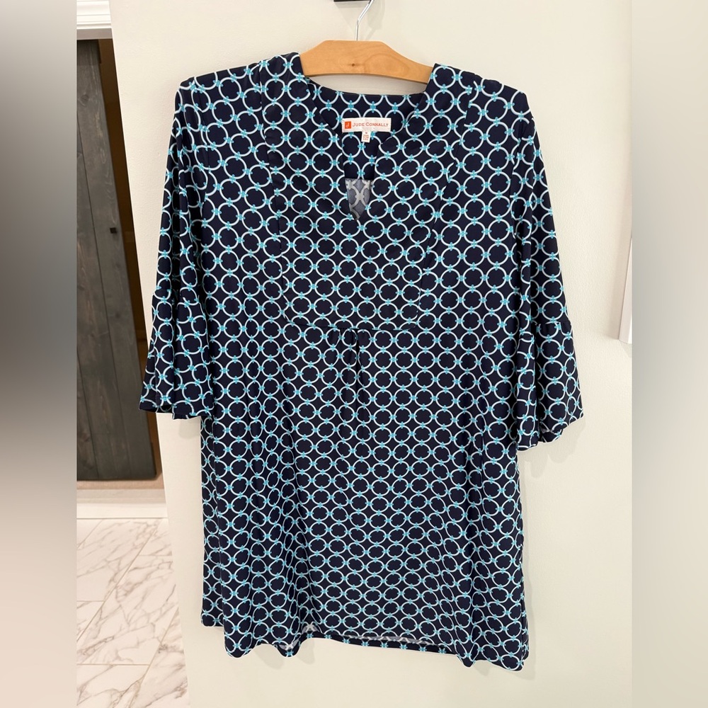 Navy blue and turquoise patterned dress
